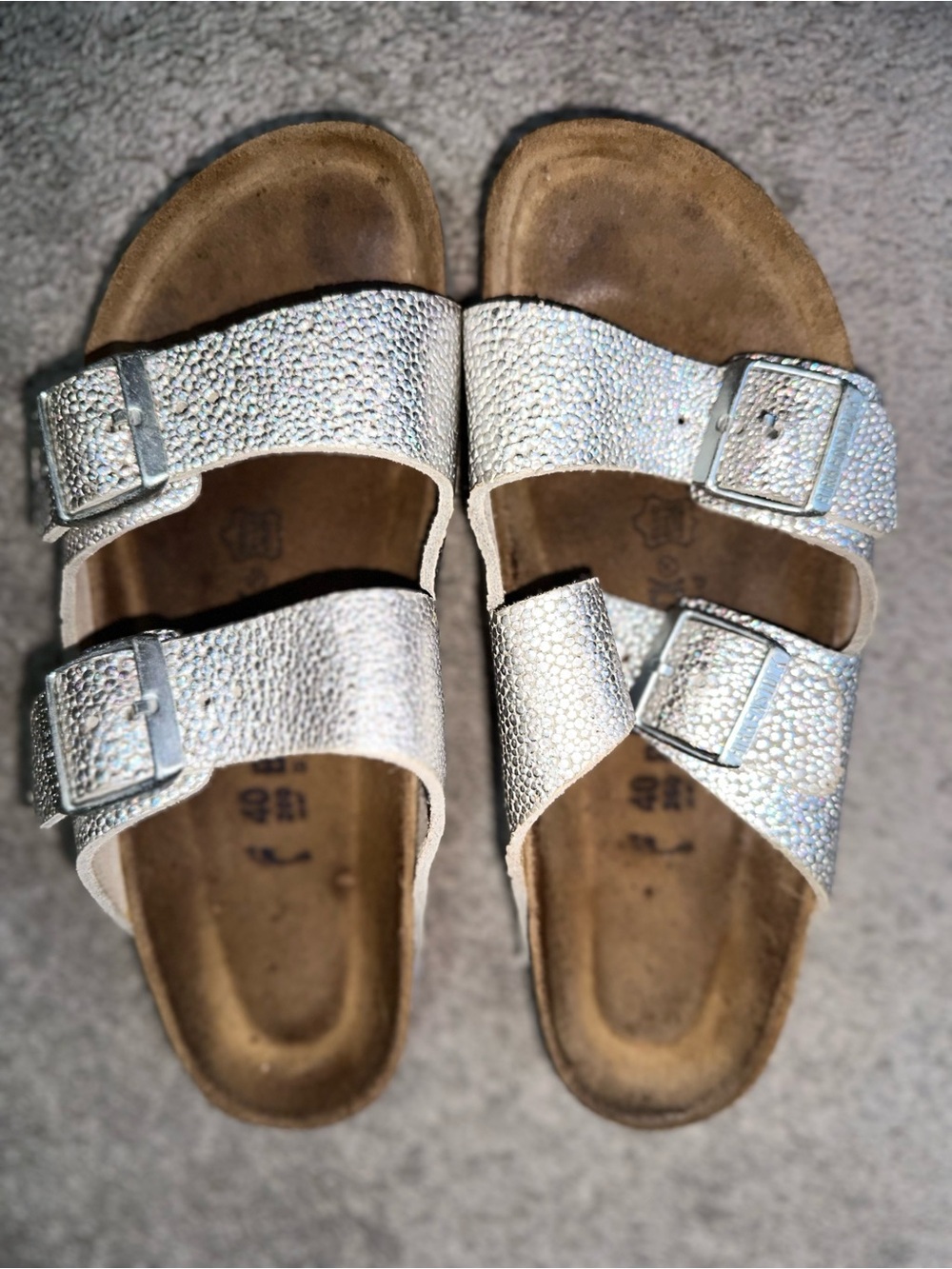 Birkenstock Arizona Silver Textured Two-Strap Comfort Sandals